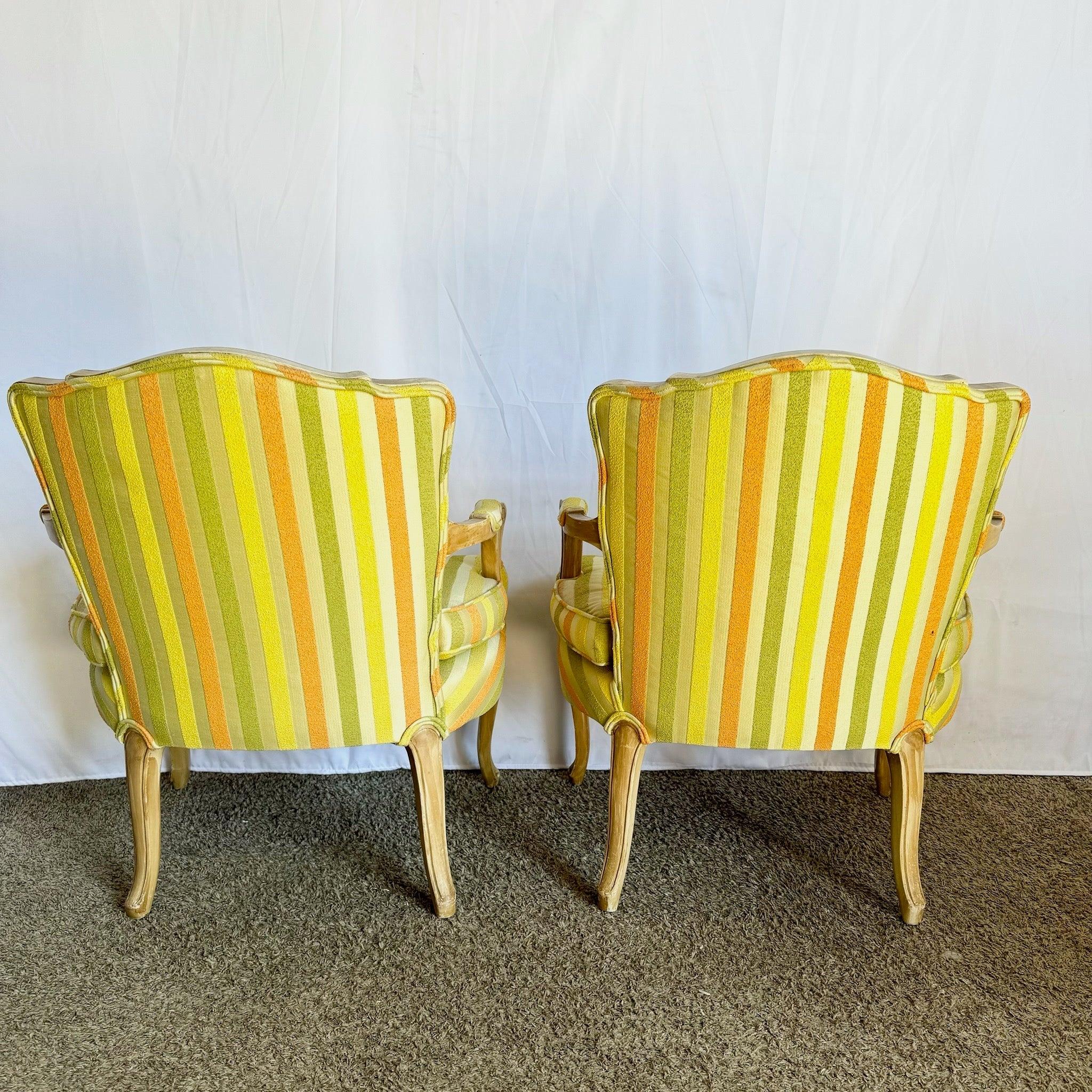 Upholstery Vintage French Provincial Orange Green and Yellow Striped Wooden Lounge Chairs For Sale