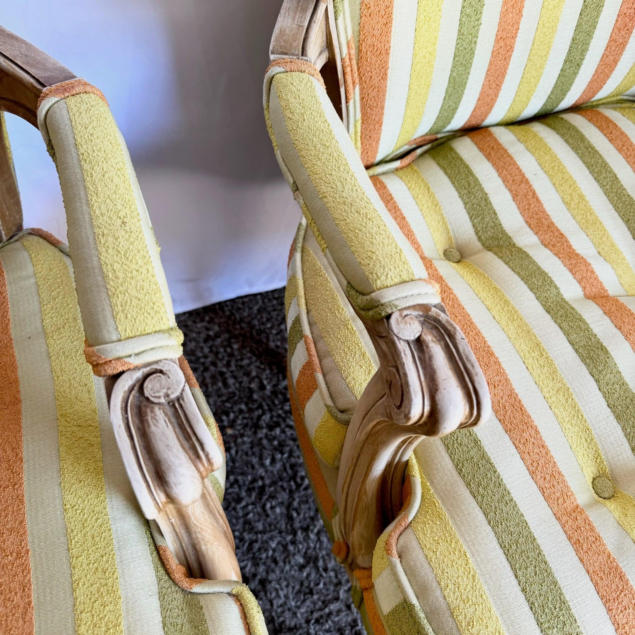 Vintage French Provincial Orange Green and Yellow Striped Wooden Lounge Chairs For Sale 2