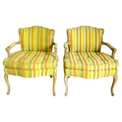 Vintage French Provincial Orange Green and Yellow Striped Wooden Lounge Chairs