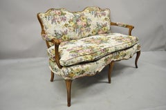 Vintage French Provincial Petite Carved Walnut Upholstered Settee Loveseat Sofa