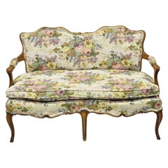 Retro French Provincial Petite Carved Walnut Upholstered Settee Loveseat Sofa