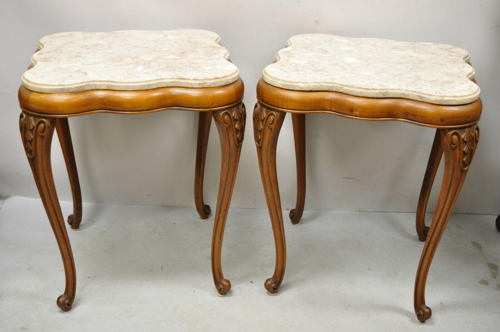Vintage French Provincial Pink Marble Top Wood Base End Tables - a Pair. Item features pink shaped scalloped edge marble tops, wooden base, cabriole legs, very nice vintage pair, great style and form. Circa Mid 20th Century. Measurements: 27.5