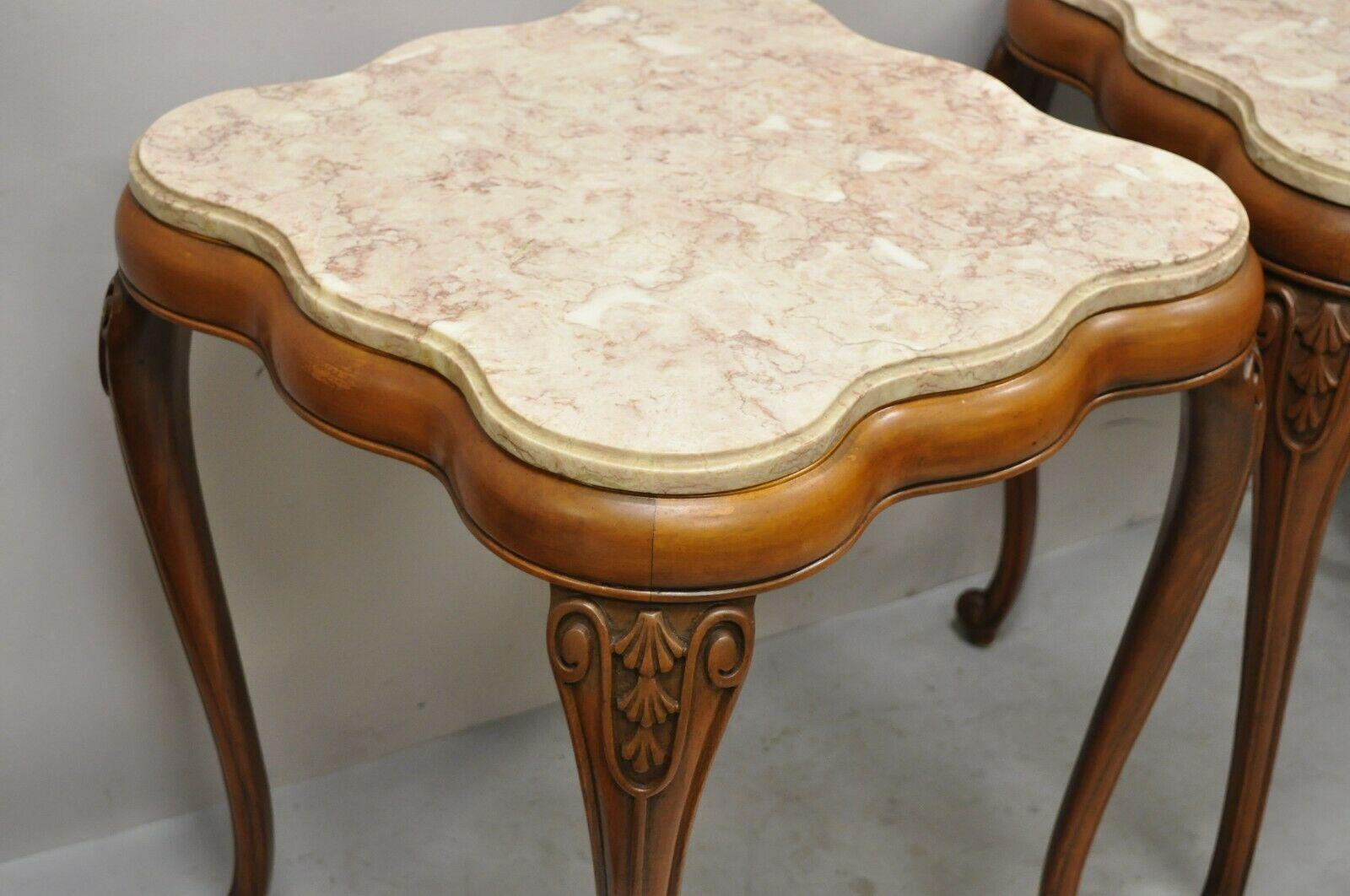 American Vintage French Provincial Pink Marble Top Wood Base End Tables - a Pair