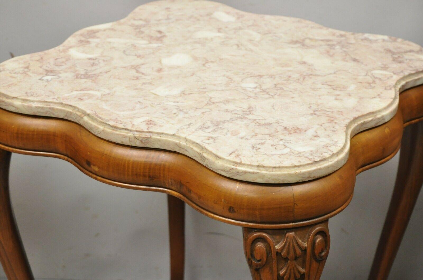 Vintage French Provincial Pink Marble Top Wood Base End Tables - a Pair In Good Condition In Philadelphia, PA