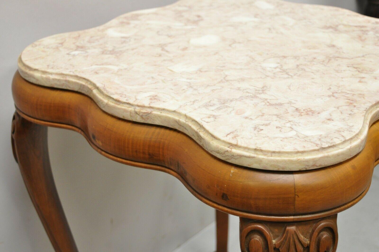 20th Century Vintage French Provincial Pink Marble Top Wood Base End Tables - a Pair