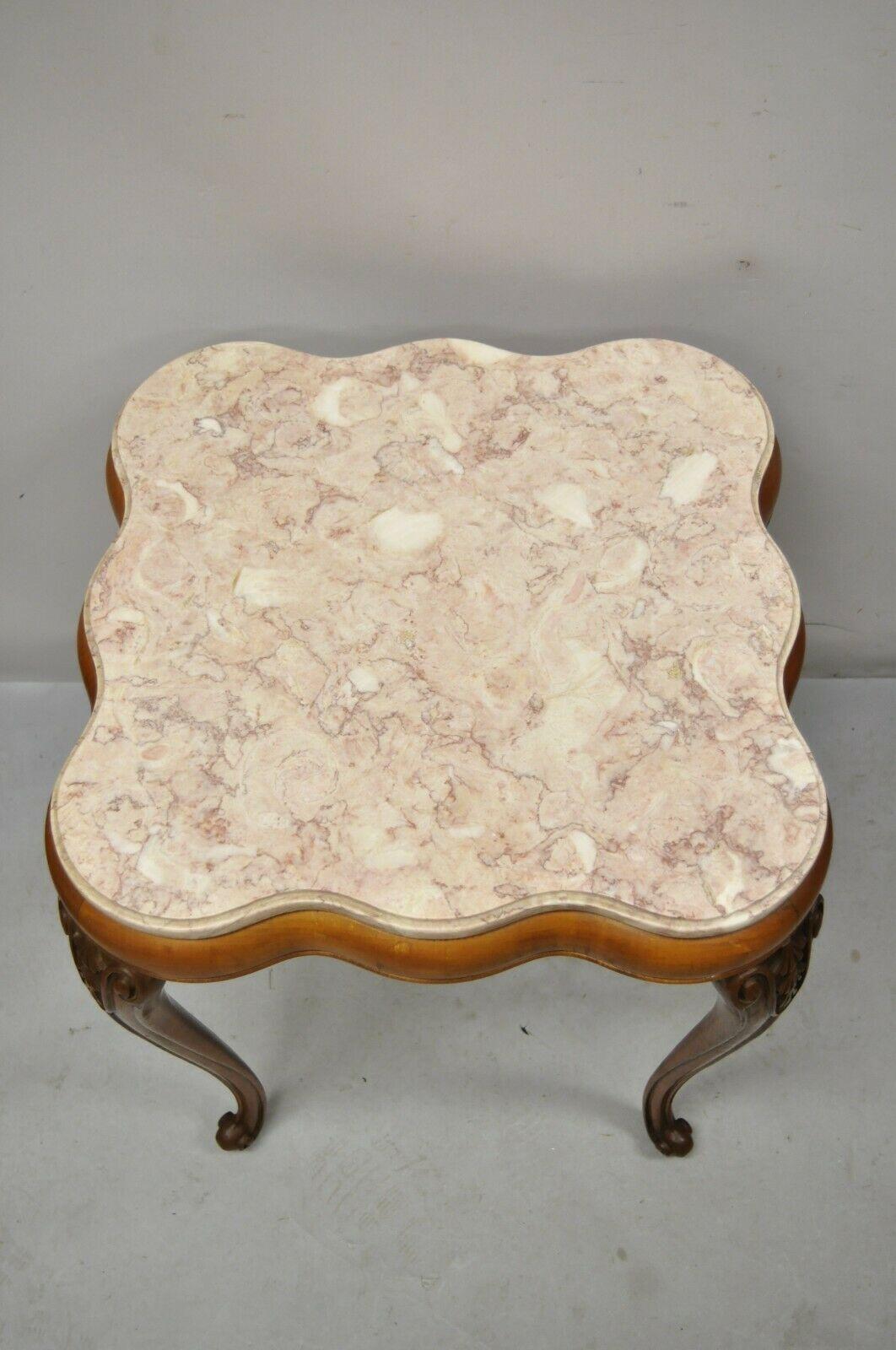 Vintage French Provincial Pink Marble Top Wood Base End Tables - a Pair 3