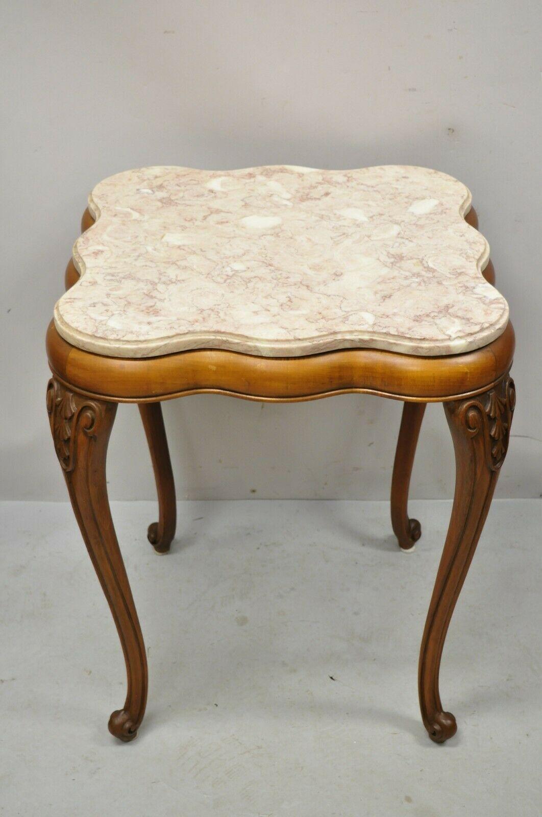 Vintage French Provincial Pink Marble Top Wood Base End Tables - a Pair 4