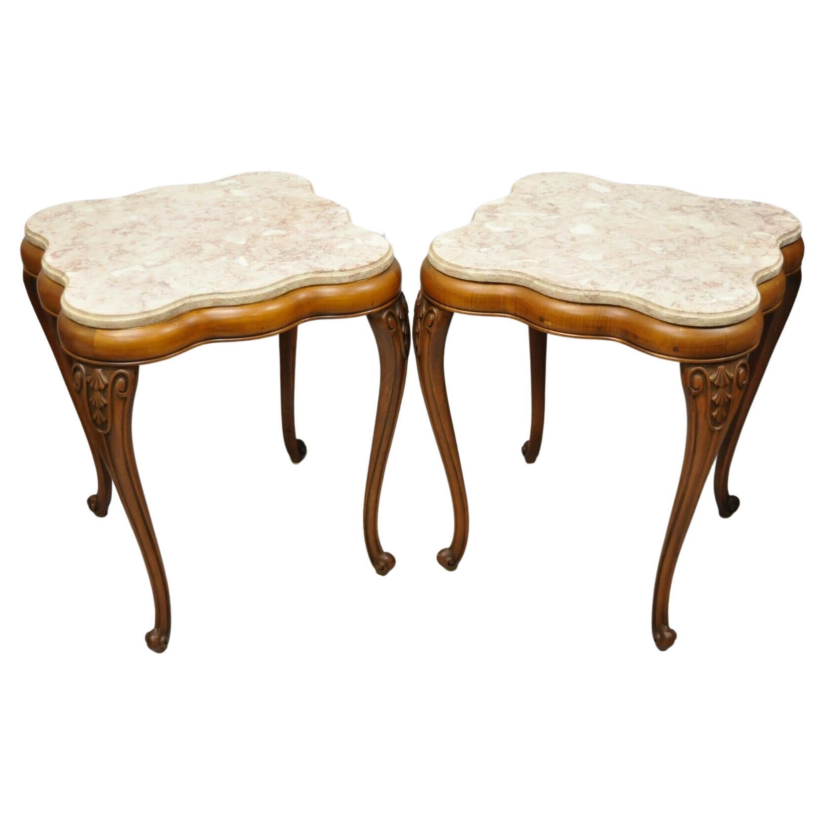 Vintage French Provincial Pink Marble Top Wood Base End Tables - a Pair