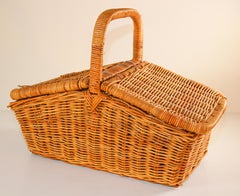 Vintage French Provincial Rattan Lidded Handled Basket