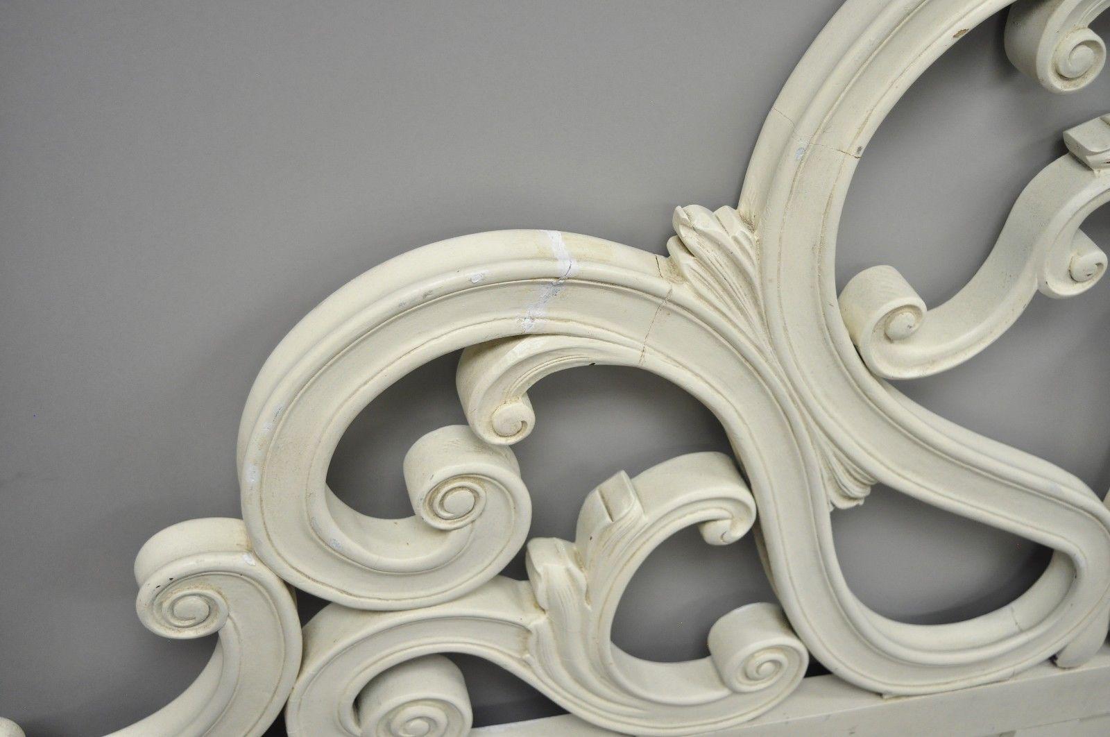 Vintage French Provincial Rococo Carved Wood King-Size Shabby Chic Headboard Bed In Good Condition In Philadelphia, PA