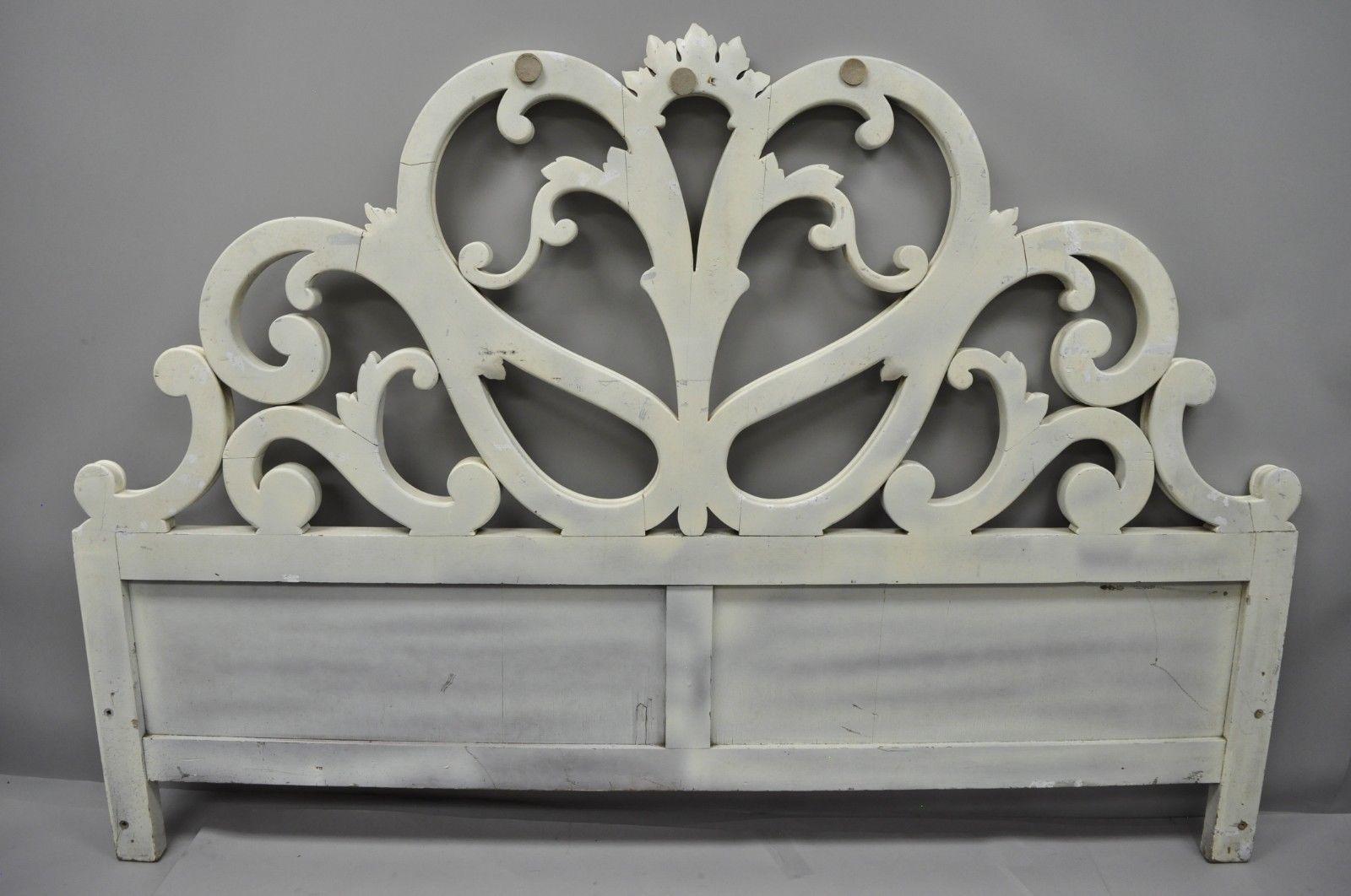 Vintage French Provincial Rococo Carved Wood King-Size Shabby Chic Headboard Bed 1