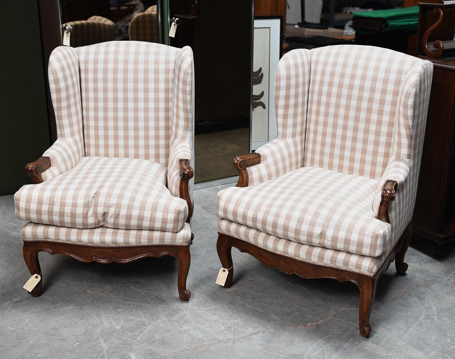 Vintage French Provincial Style Armchairs, Beige and White Gingham Upholstery 3