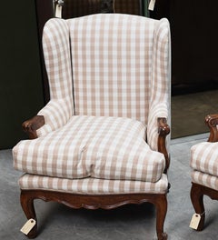 Vintage French Provincial Style Armchairs, Beige and White Gingham Upholstery