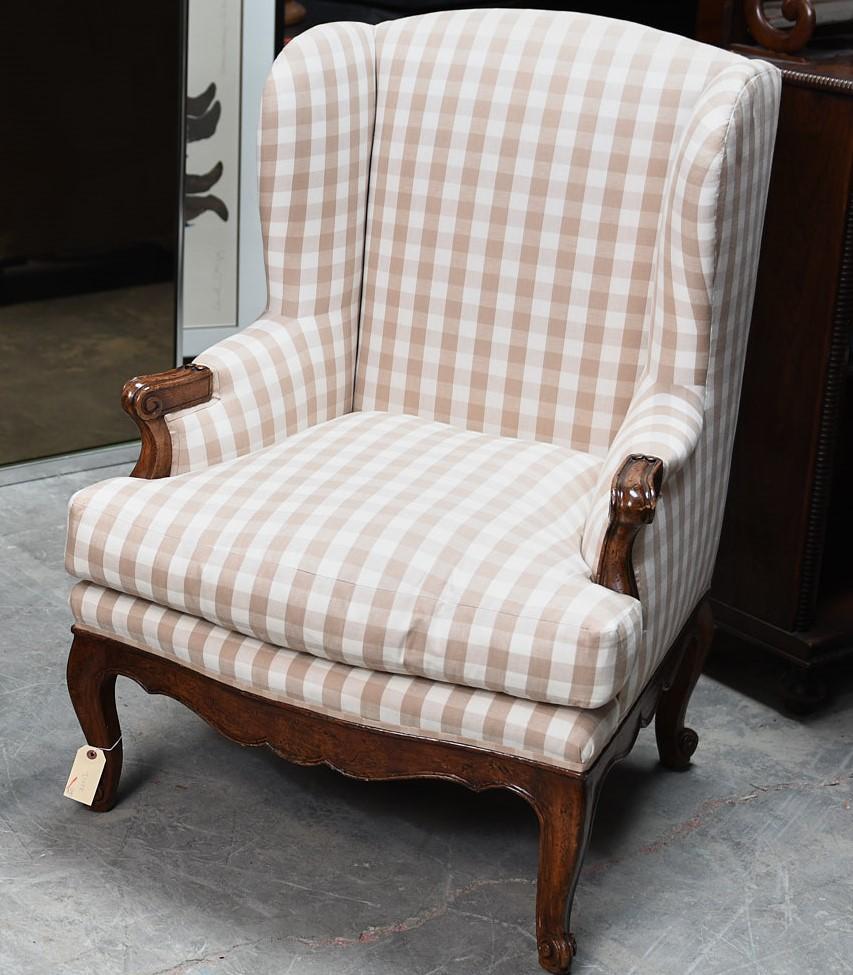 American Vintage French Provincial Style Armchairs, Beige and White Gingham Upholstery