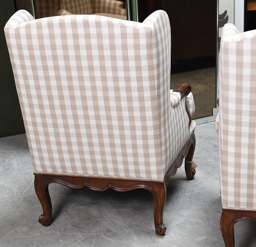 Fabric Vintage French Provincial Style Armchairs, Beige and White Gingham Upholstery