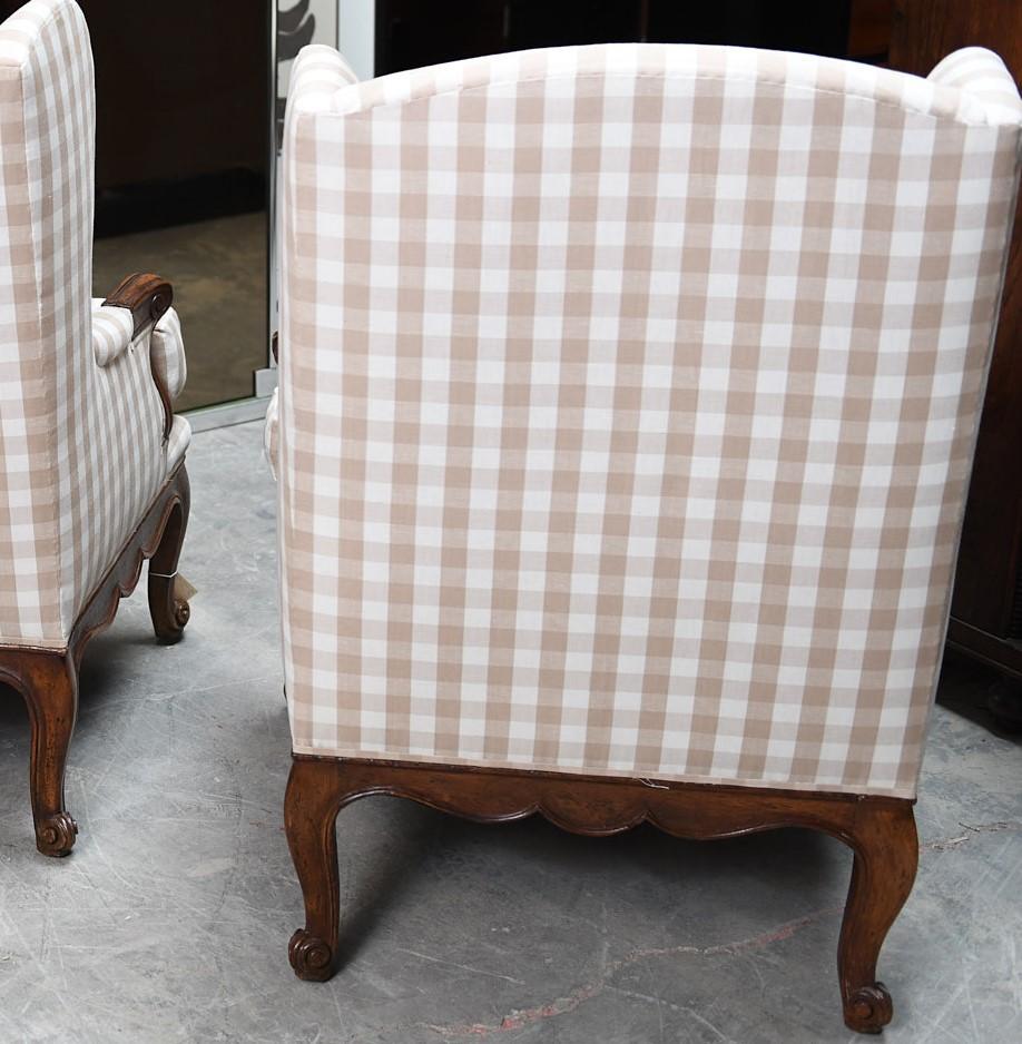 Vintage French Provincial Style Armchairs, Beige and White Gingham Upholstery 1