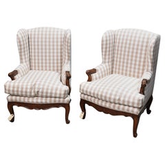Vintage French Provincial Style Armchairs, Beige and White Gingham Upholstery