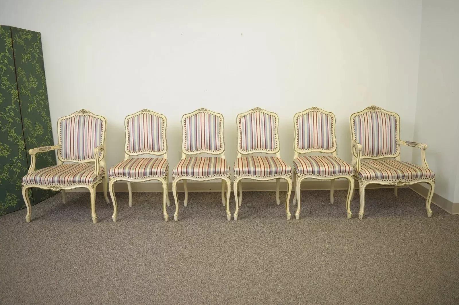 Vintage French Provincial Style Cream Painted Dining Room Chairs - Set of 6 5
