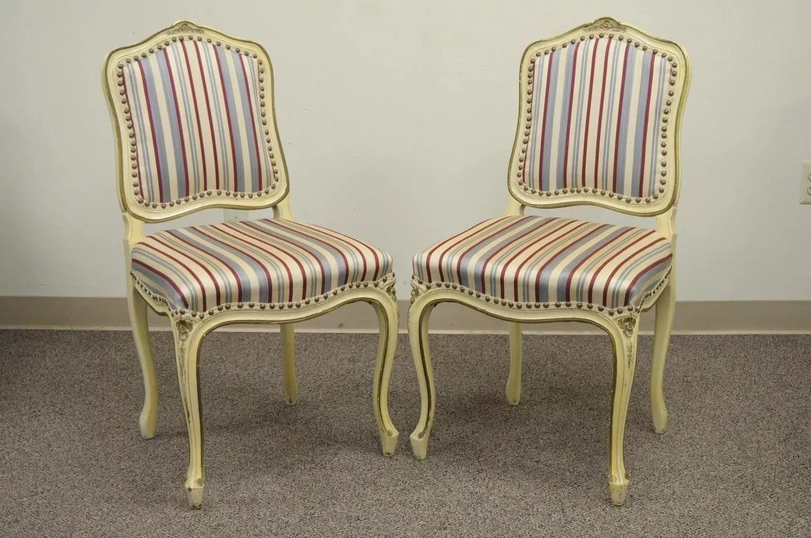 Louis XV Vintage French Provincial Style Cream Painted Dining Room Chairs - Set of 6