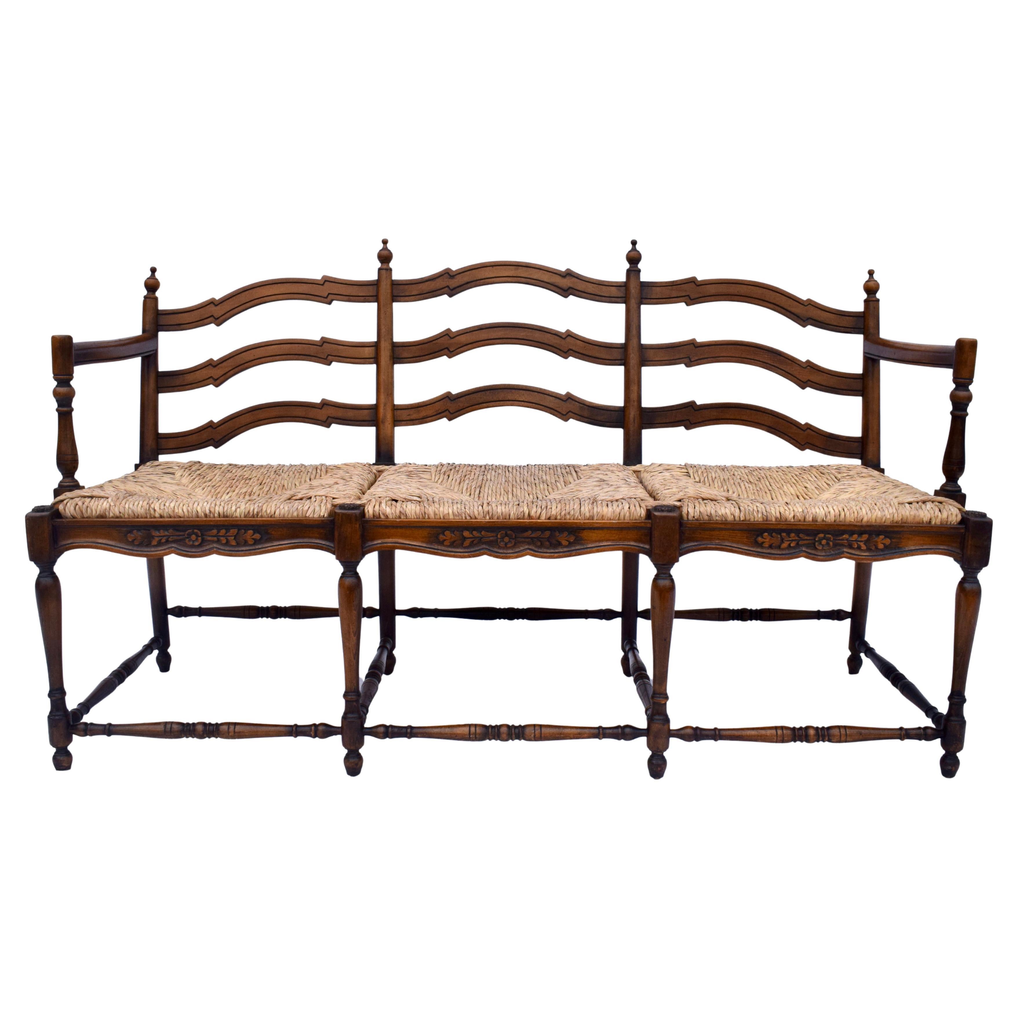 Vintage French Provincial Style Ladder Back Bench Rush Seat For Sale