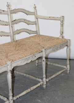 Vintage French Provincial Style Ladder Back Bench Rush Seat Painted
