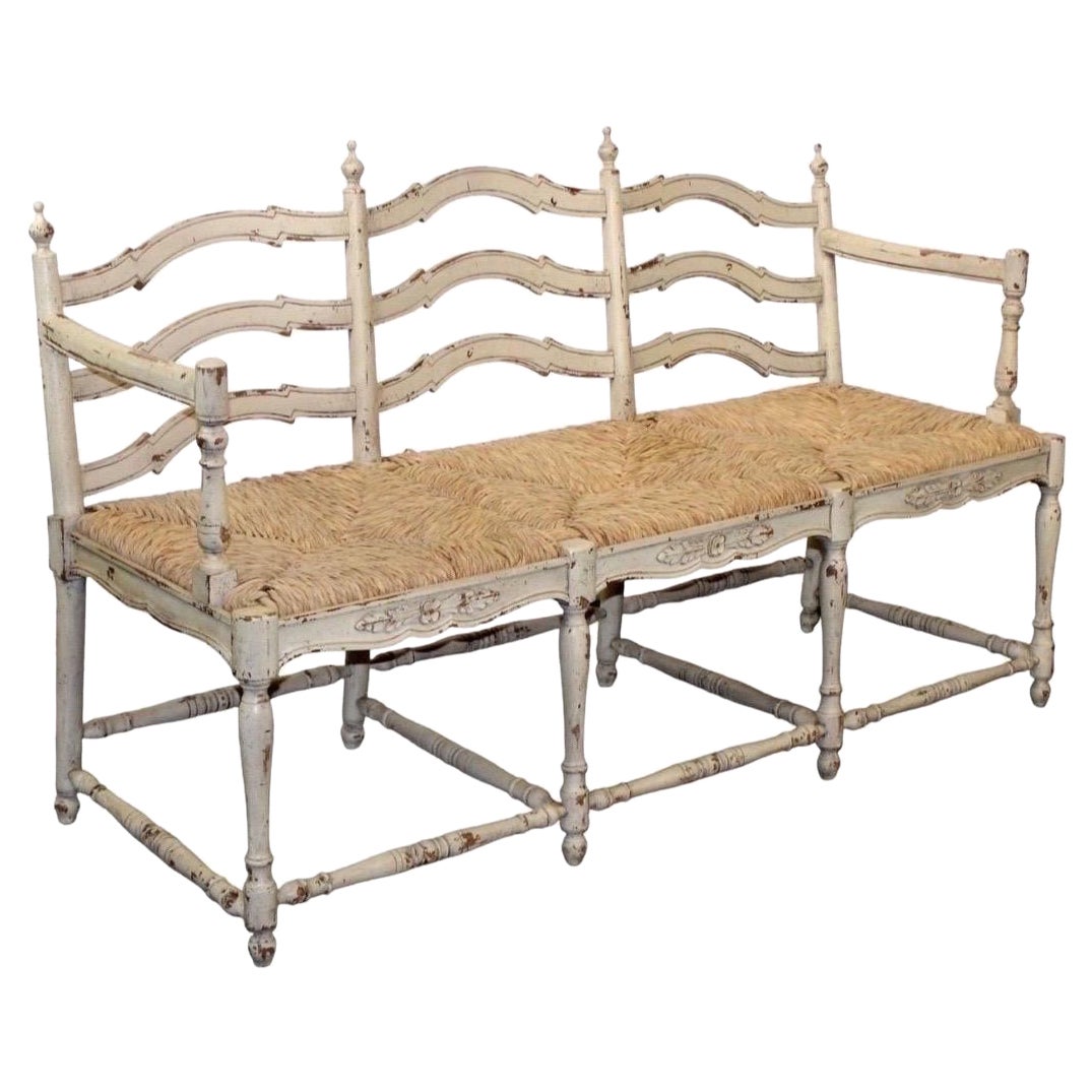 Vintage French Provincial Style Ladder Back Bench Rush Seat Painted