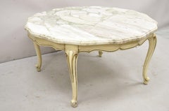Vintage French Provincial Style Marble Top Cream Painted Round Coffee Table