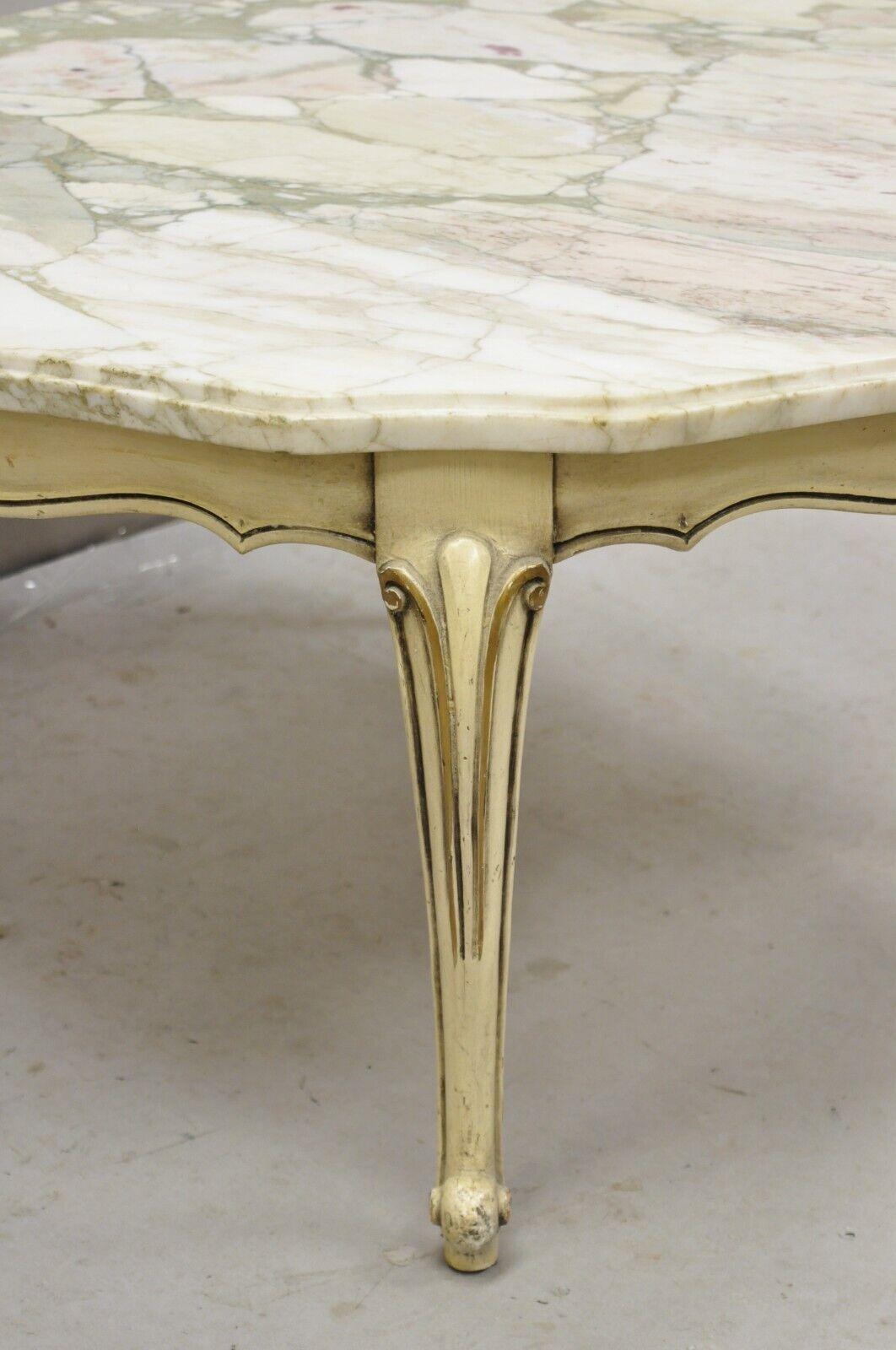 Vintage French Provincial Style Marble Top Cream Painted Round Coffee Table In Good Condition For Sale In Philadelphia, PA