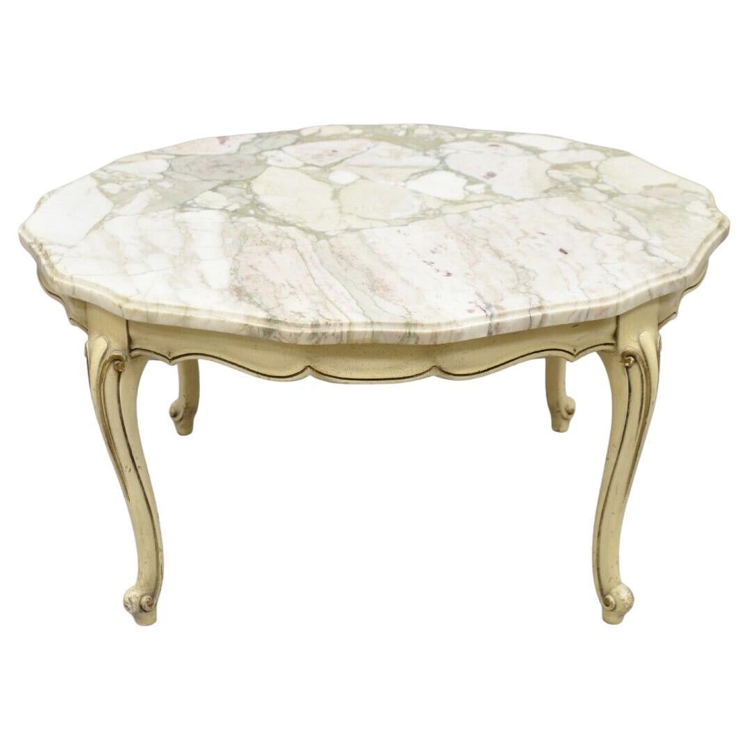 Table basse ronde de style provincial français vintage avec plateau en marbre peint en crème