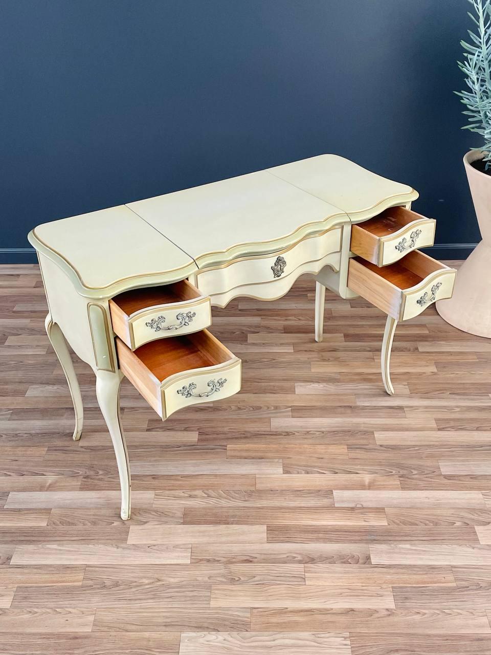 Vintage French Provincial Style Vanity Desk with Mirror & Ottoman In Good Condition In Los Angeles, CA