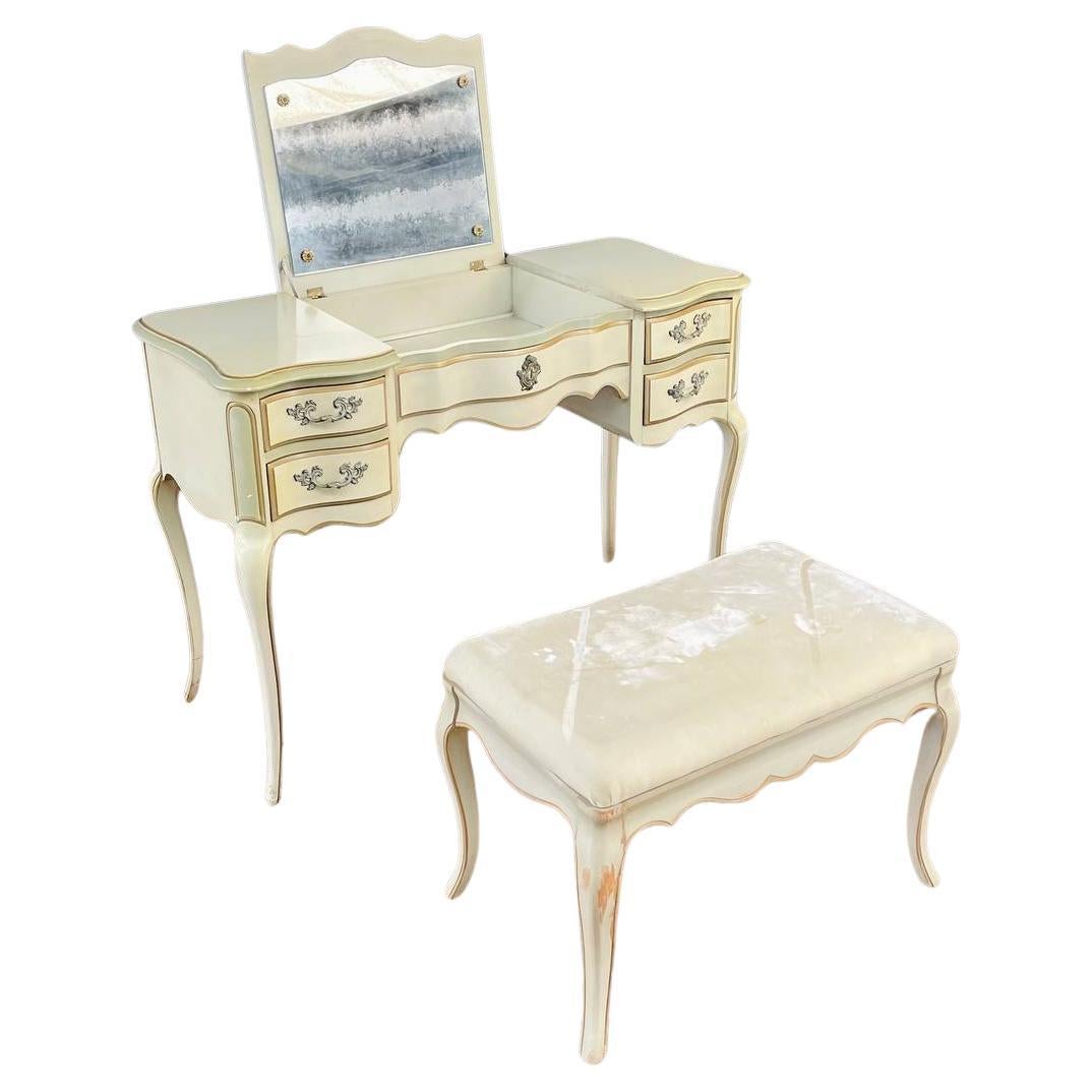 Vintage French Provincial Style Vanity Desk with Mirror & Ottoman