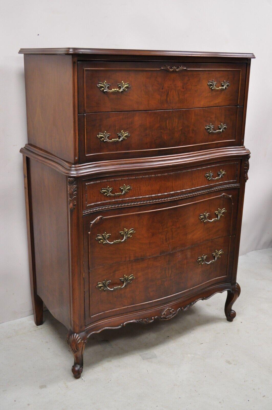 Vintage French Provincial Style Walnut Tall Chest Dresser Highboy Chest on Chest. Item features 5 dovetailed drawers, beautiful wood grain, cabriole legs, great style and form. Circa Early to Mid 20th Century. Measurements: 51