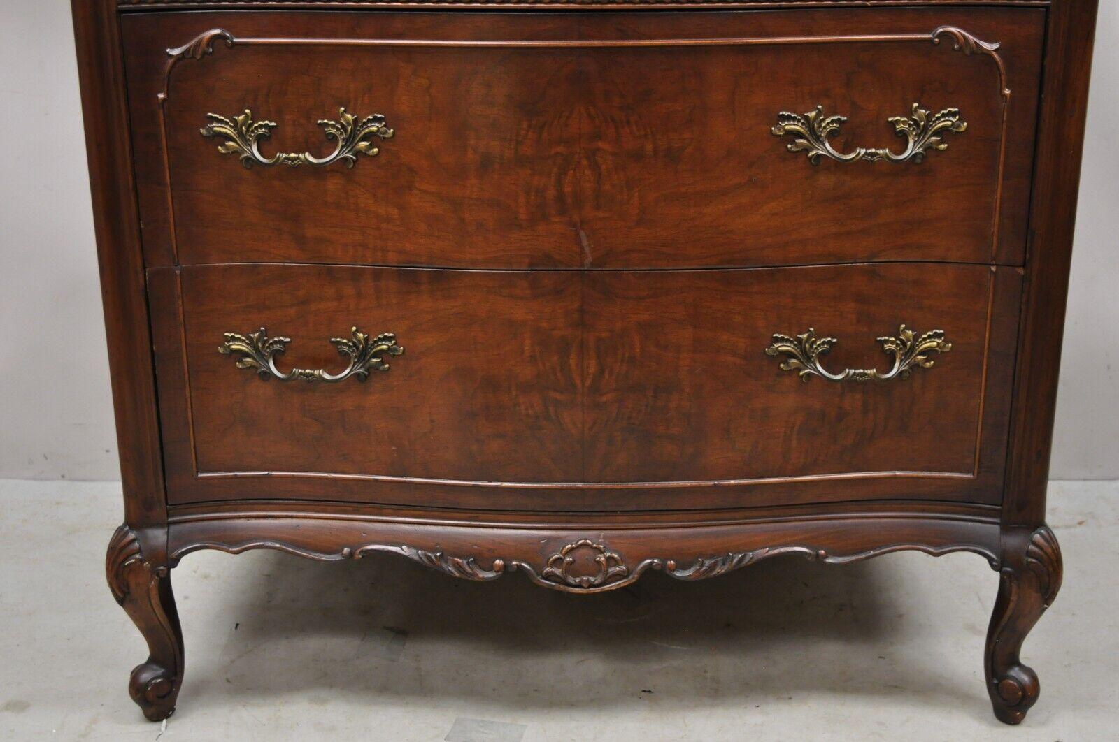 Vintage French Provincial Style Walnut Tall Chest Dresser Highboy Chest on Chest In Good Condition In Philadelphia, PA