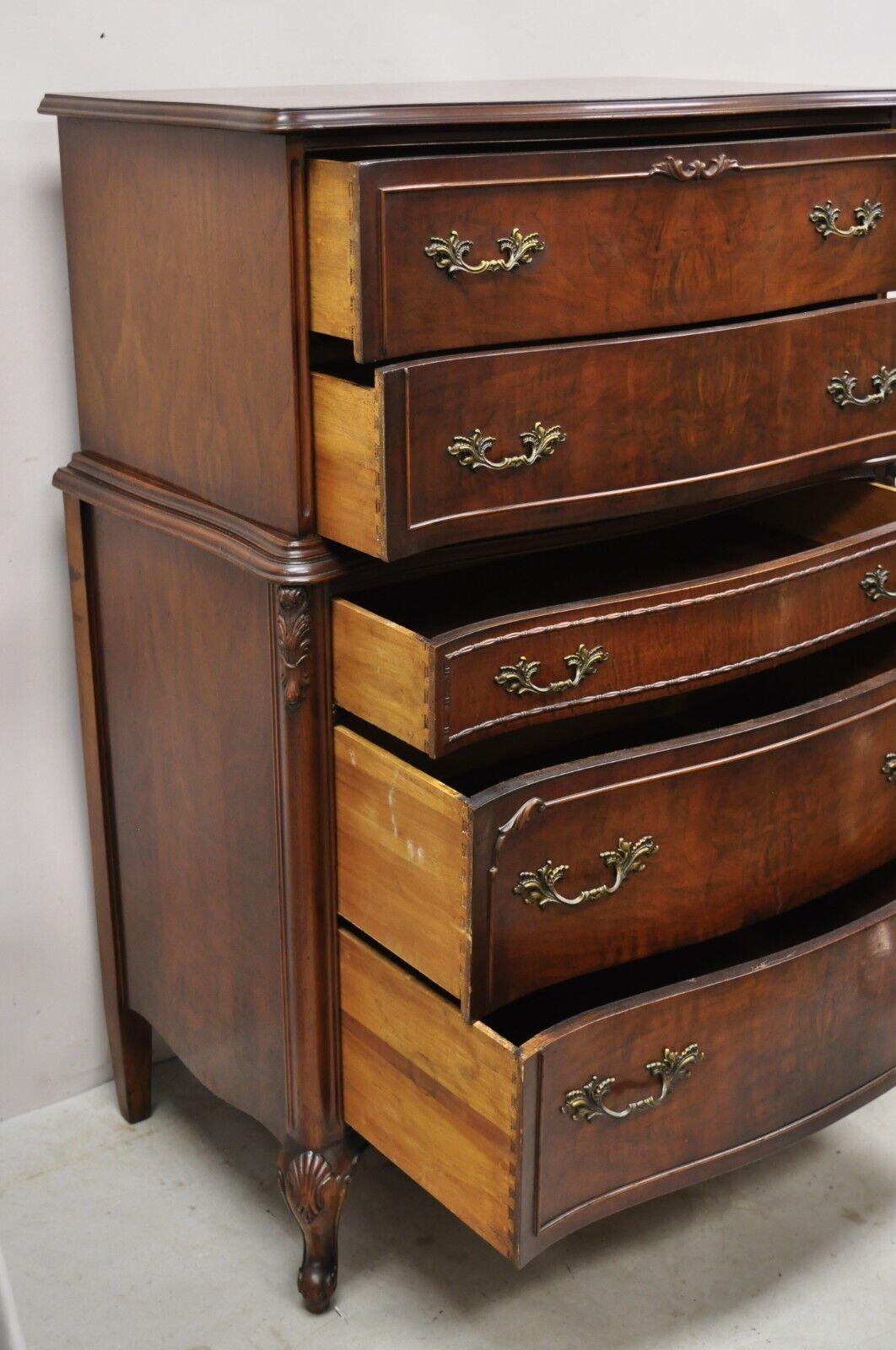 20th Century Vintage French Provincial Style Walnut Tall Chest Dresser Highboy Chest on Chest