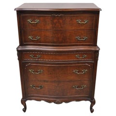 Vintage French Provincial Style Walnut Tall Chest Dresser Highboy Chest on Chest