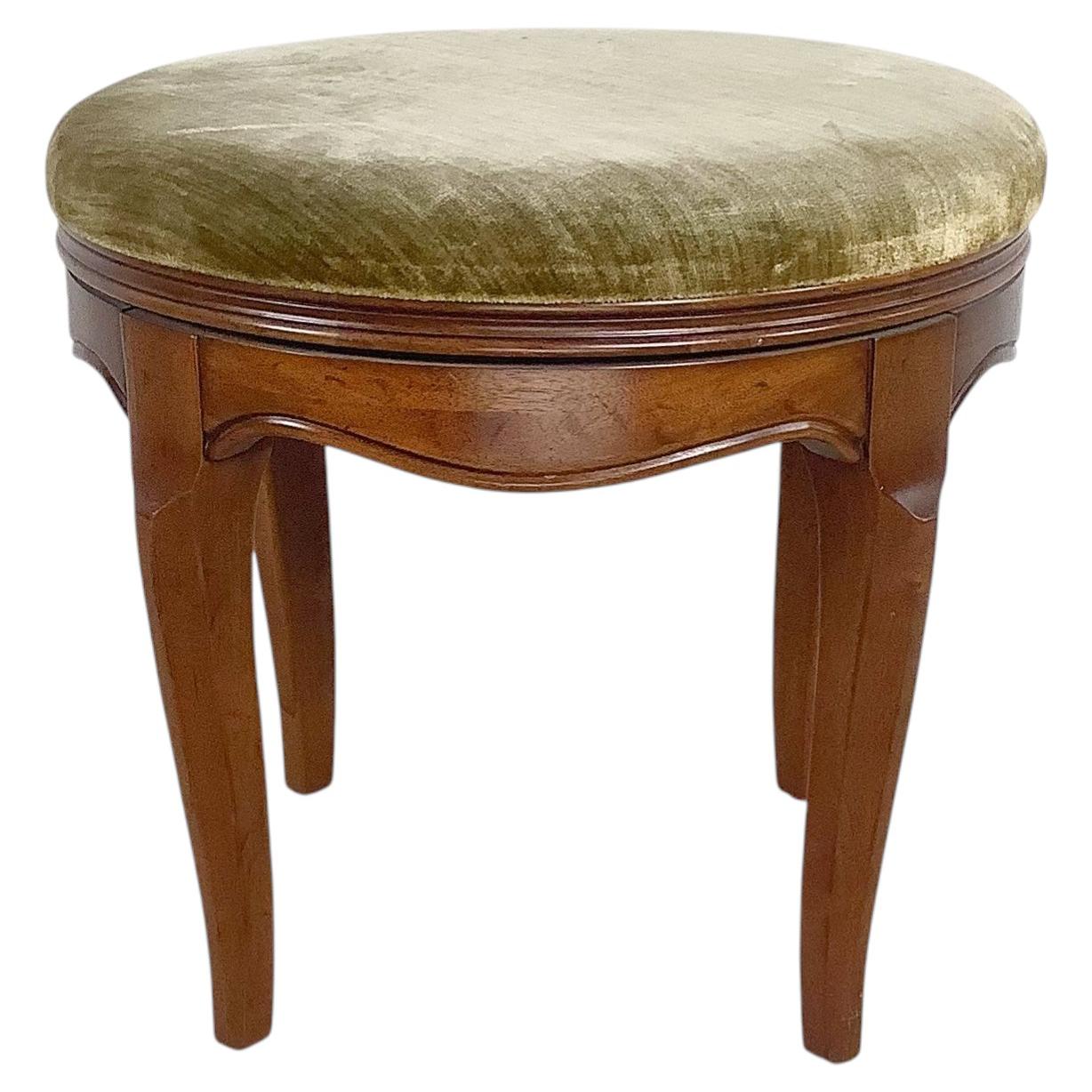 Vintage French Provincial Swivel Stool, Cherry or Fruitwood, Sage Velvet
