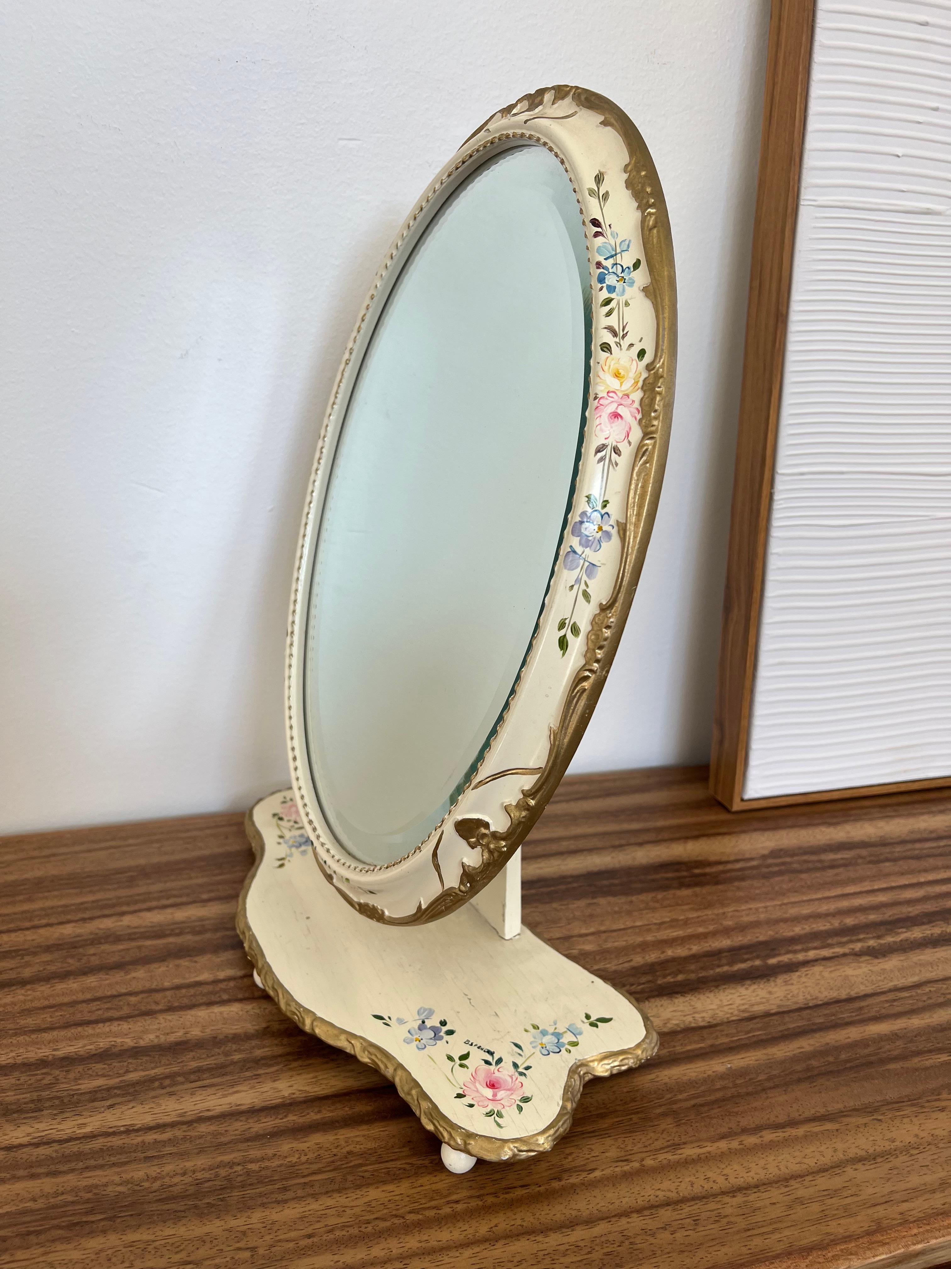 Milieu du XXe siècle Vanity provinciale française vintage, miroir inclinable peint à la main et plateau de table ovale à fleurs en vente