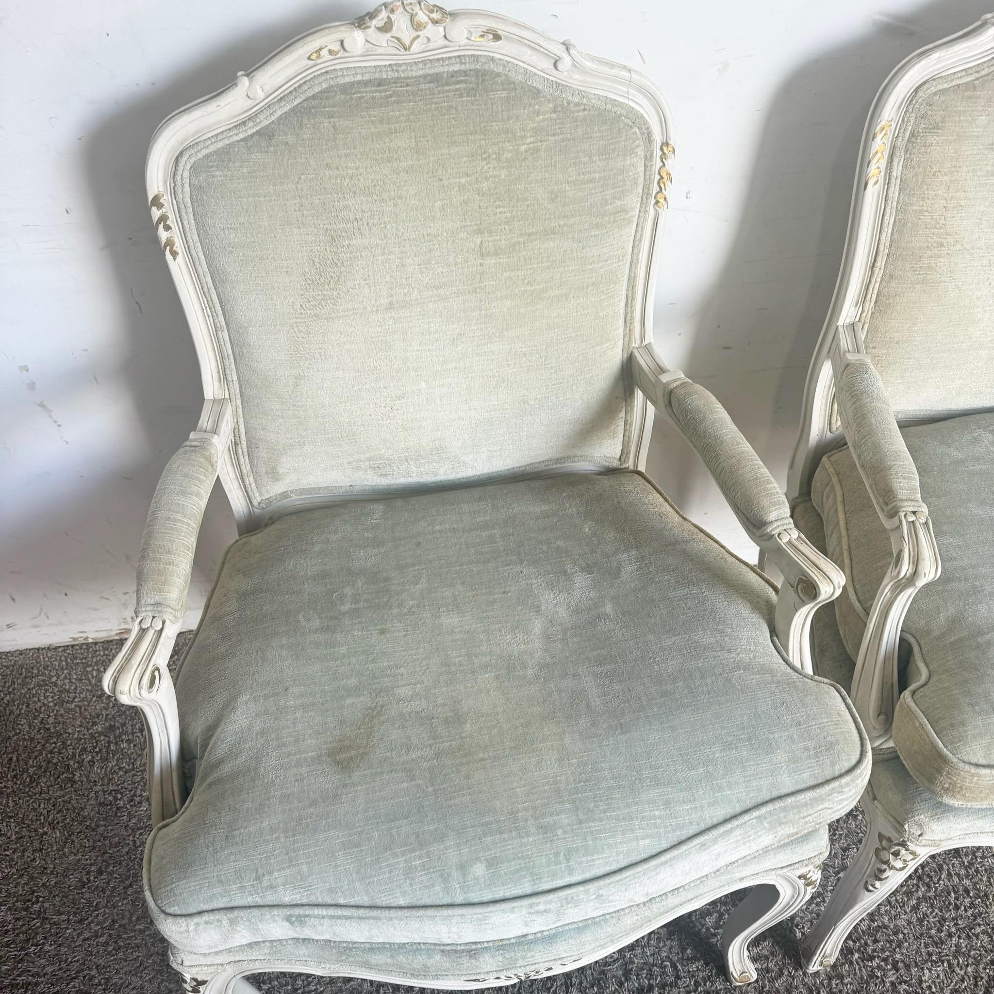 Vintage French Provincial White Gold and Baby Blue Arm Chairs a Pair