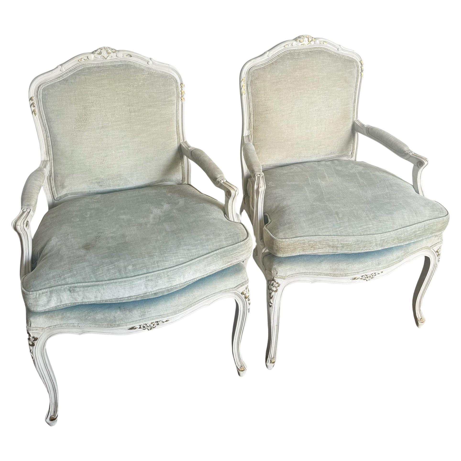Vintage French Provincial White Gold and Baby Blue Arm Chairs - a Pair