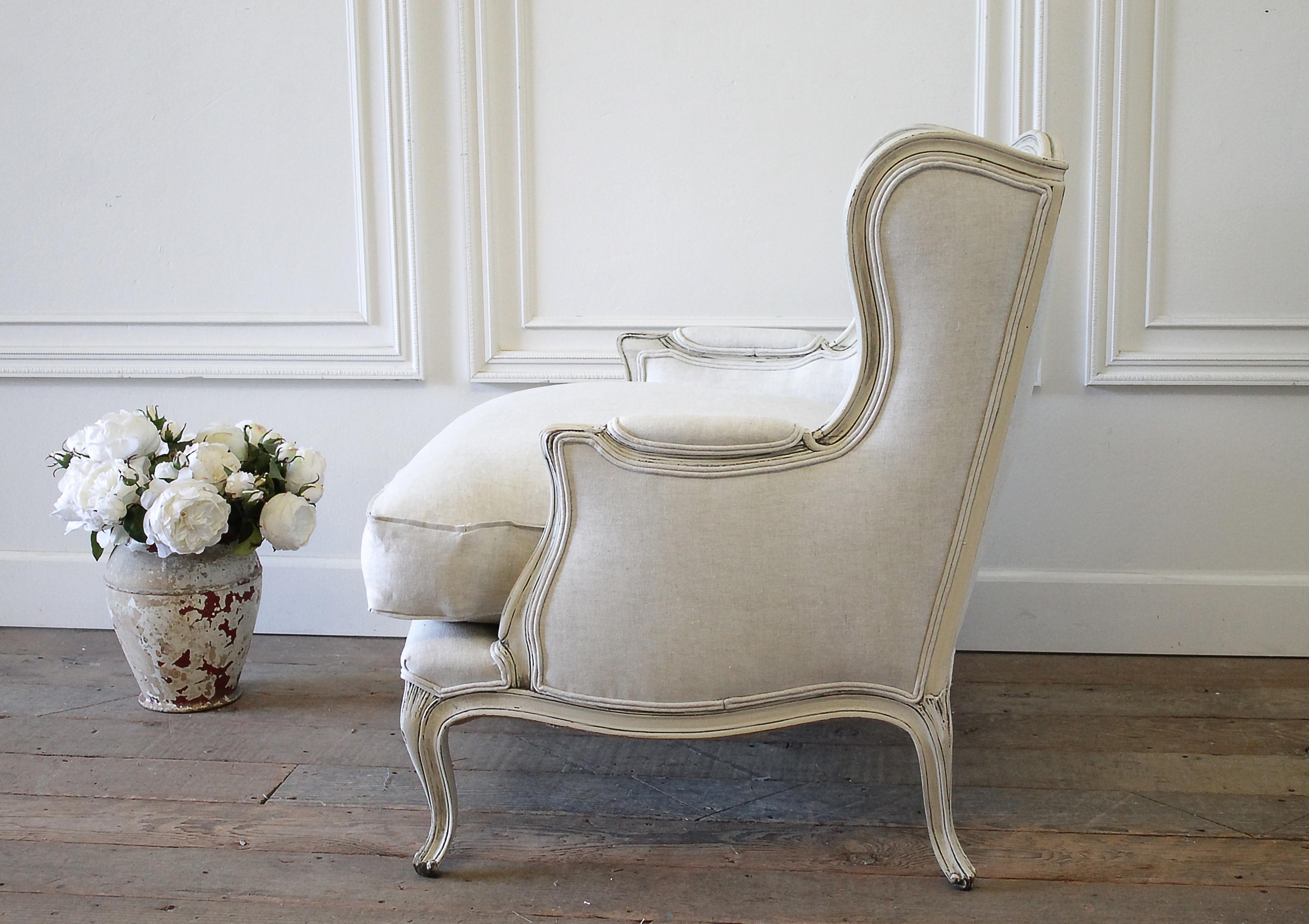 Vintage French Provincial Wing Back Style Chair Upholstered in Natural Linen 5