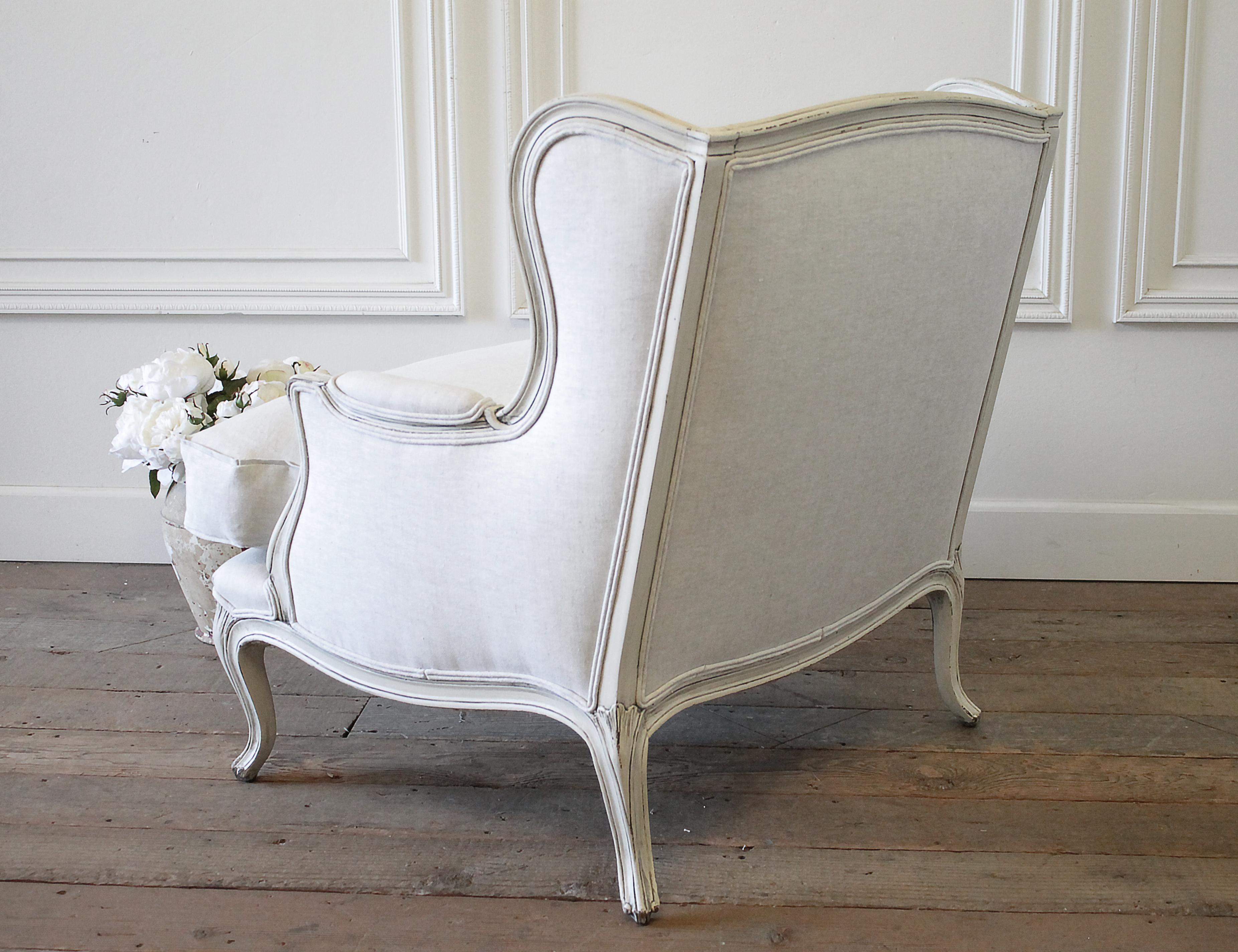 Vintage French Provincial Wing Back Style Chair Upholstered in Natural Linen 7