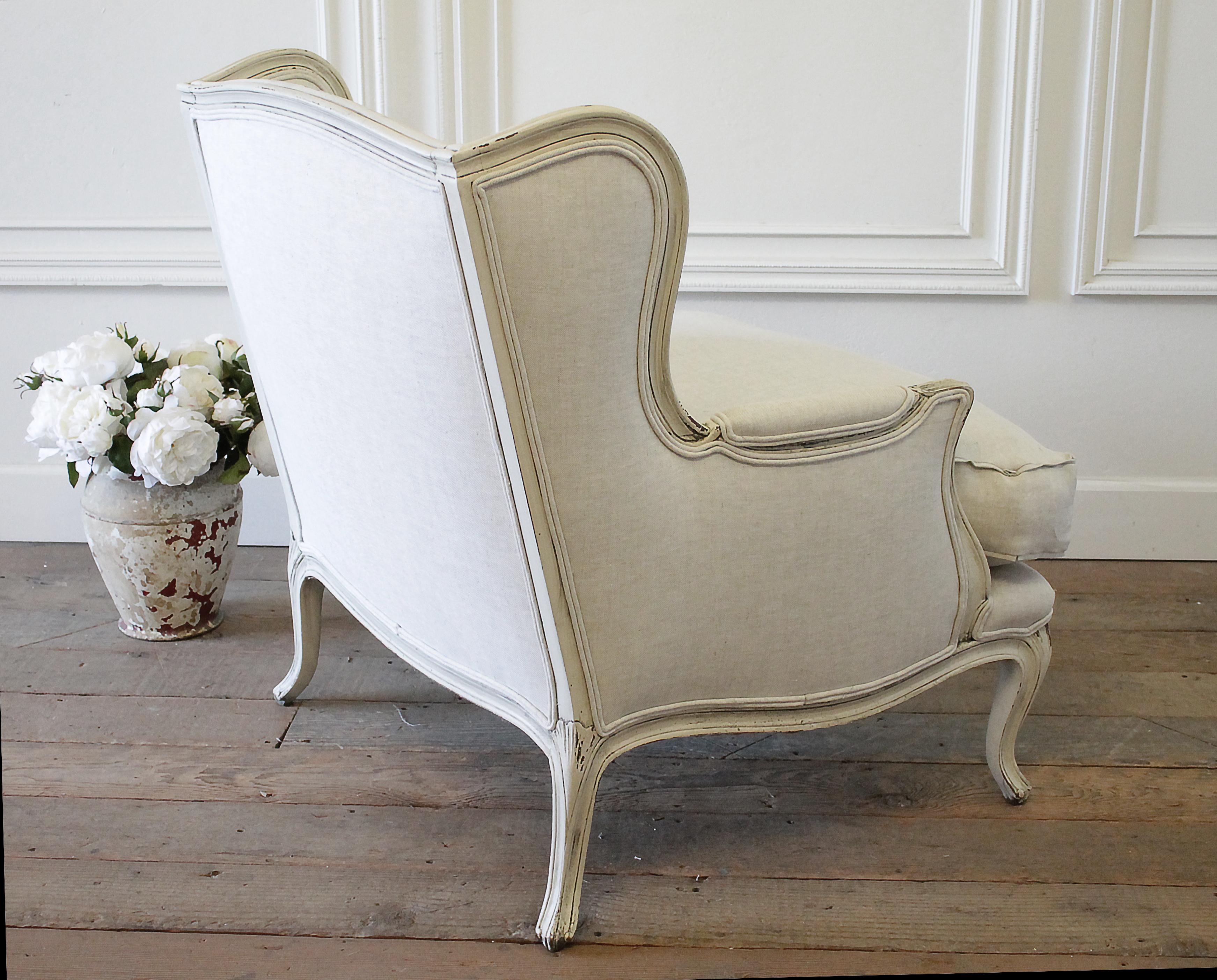 Vintage French Provincial Wing Back Style Chair Upholstered in Natural Linen 9
