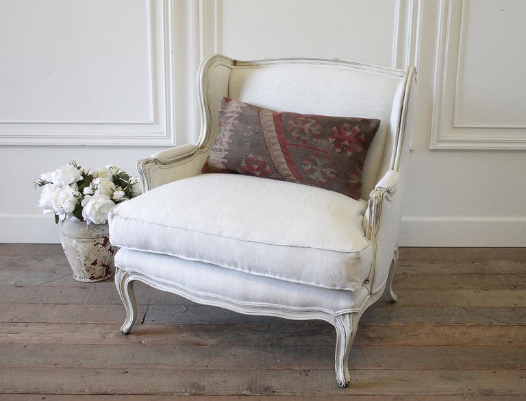 Vintage French Provincial Wing Back Style Chair Upholstered in Natural