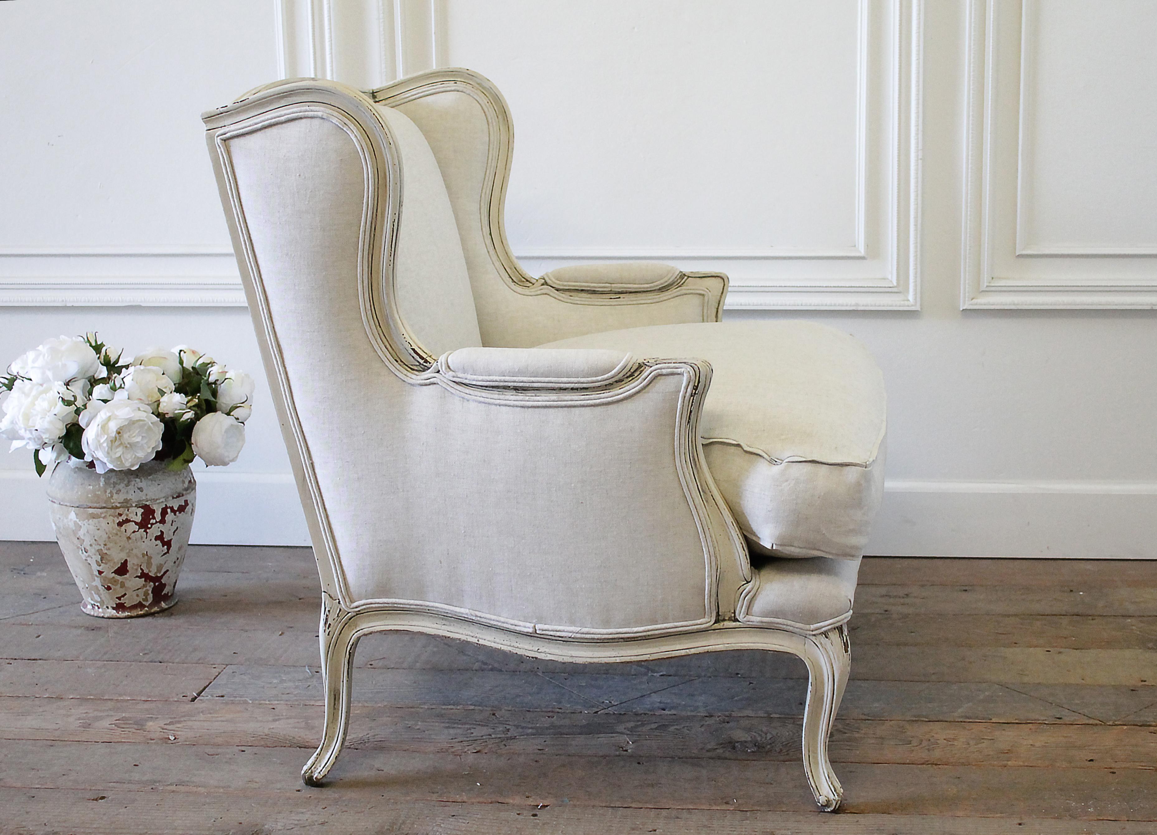 Vintage French Provincial Wing Back Style Chair Upholstered in Natural Linen 3