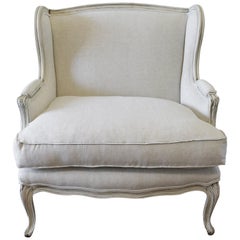Vintage French Provincial Wing Back Style Chair Upholstered in Natural Linen