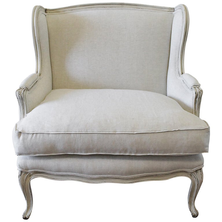 Vintage French Provincial Wing Back Style Chair Upholstered in Natural