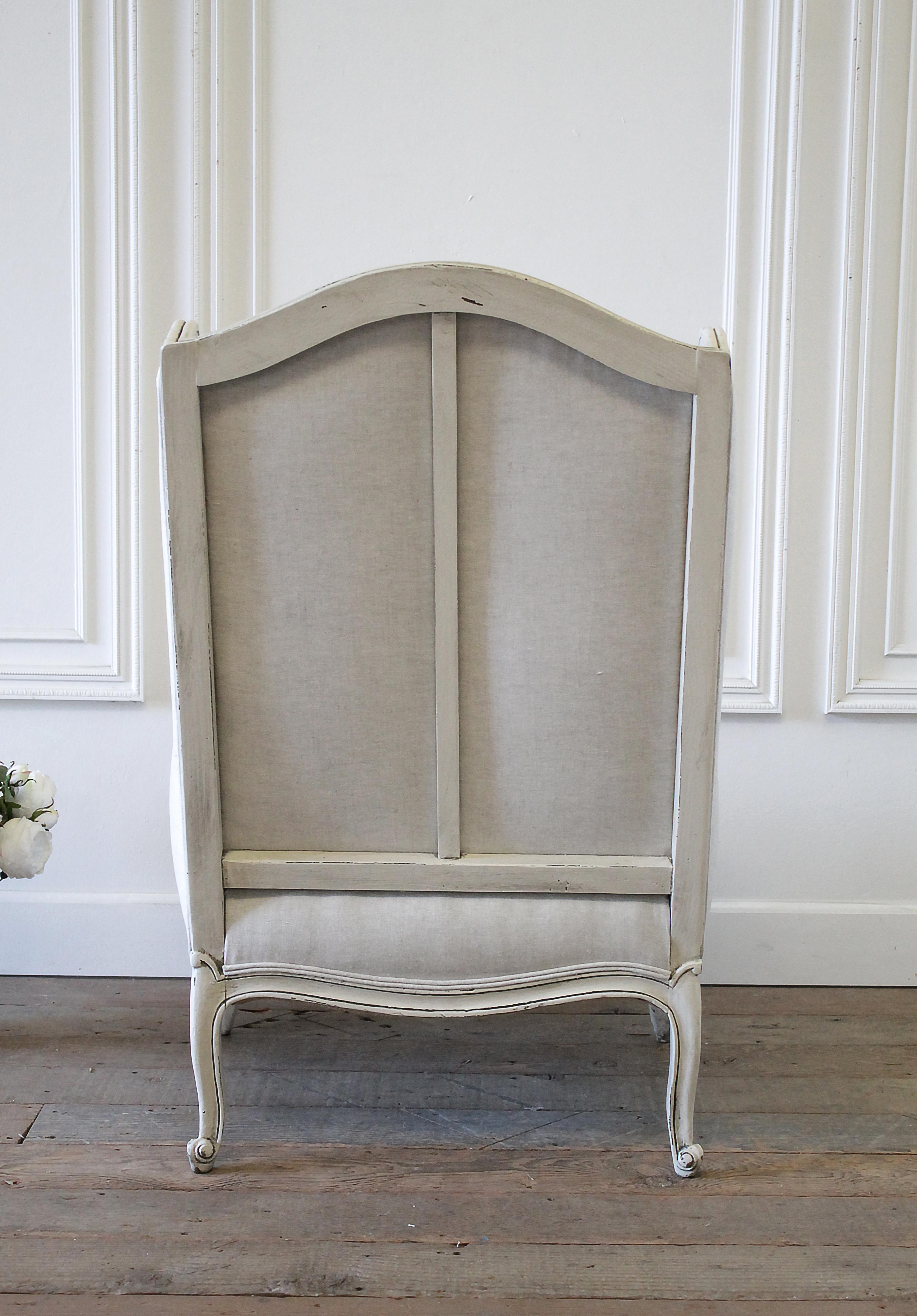 Vintage French Provincial Wingback Style Chair Upholstered in Natural Linen 3