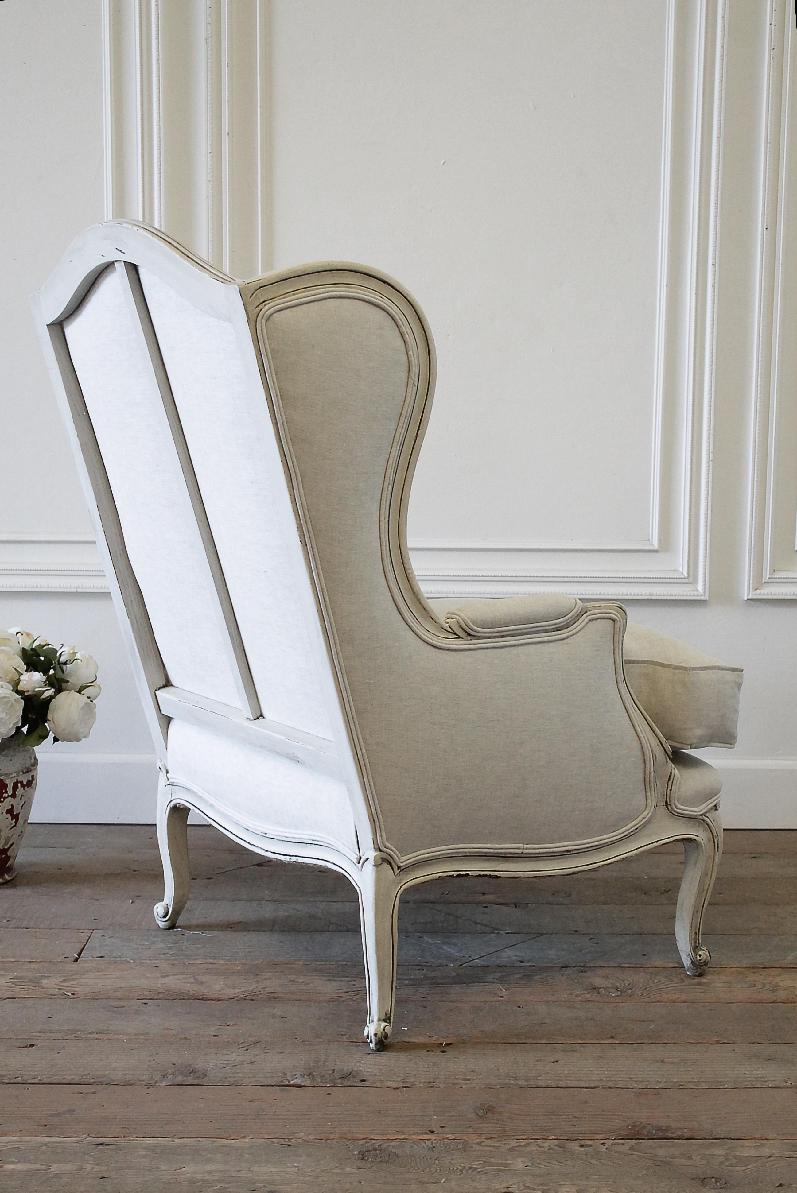 Vintage French Provincial Wingback Style Chair Upholstered in Natural Linen 4