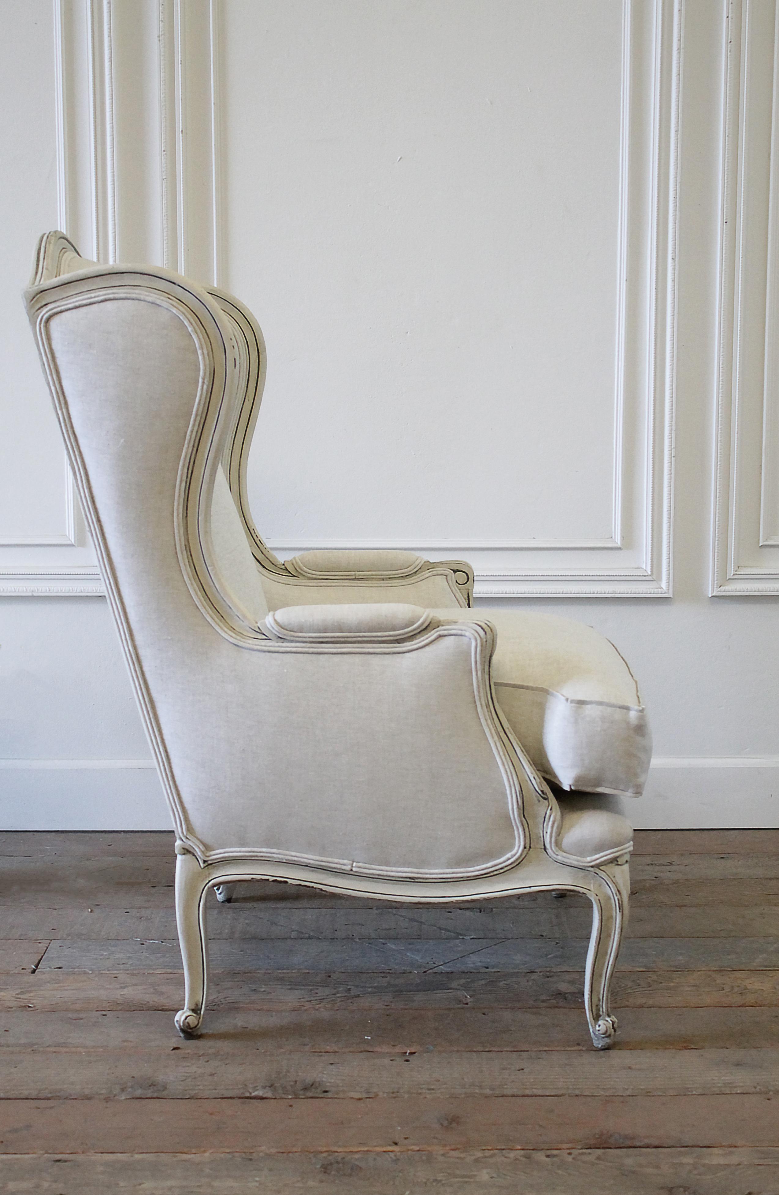 Vintage French Provincial Wingback Style Chair Upholstered in Natural Linen 5