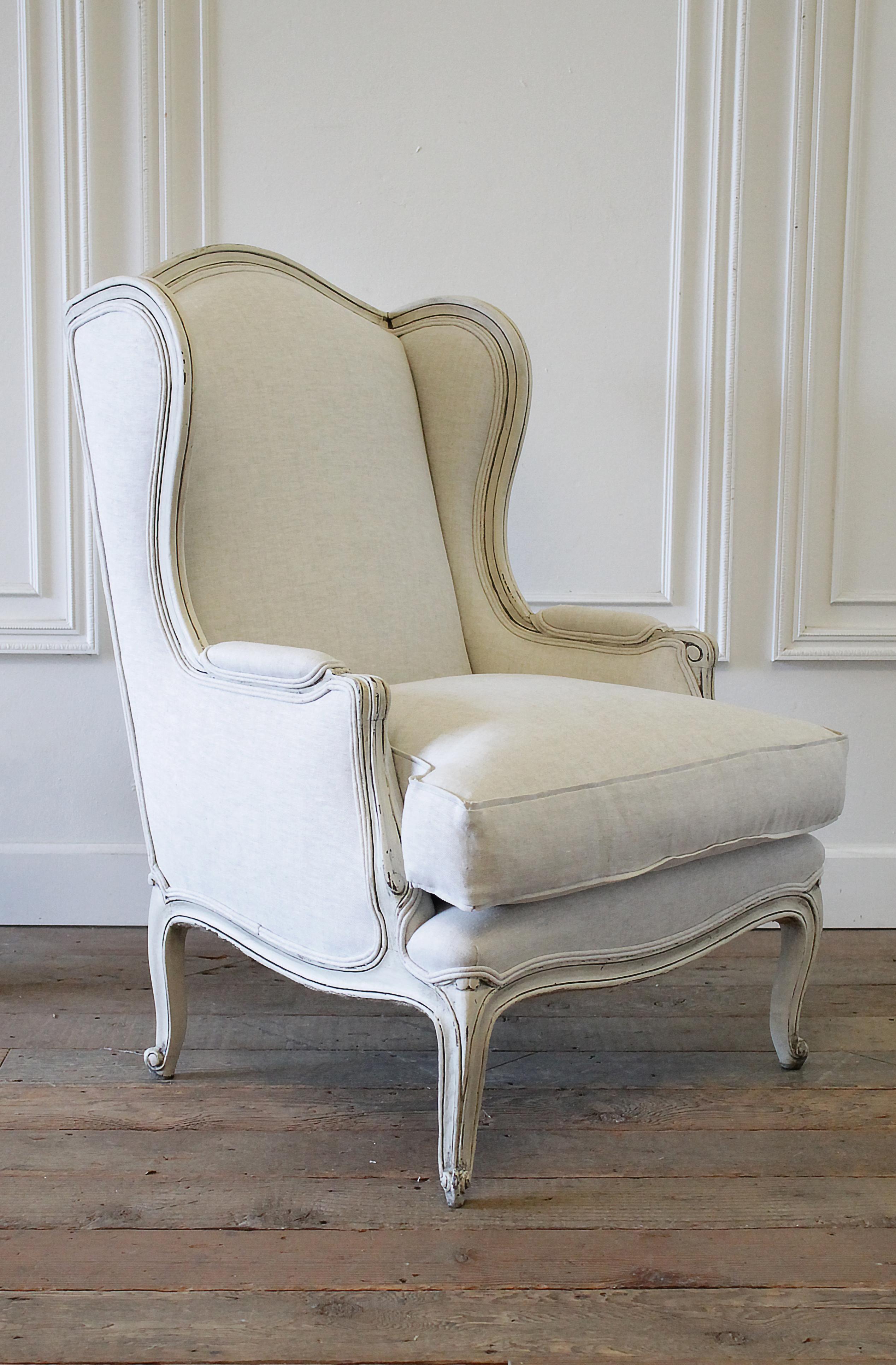 Vintage French Provincial Wingback Style Chair Upholstered in Natural Linen 6